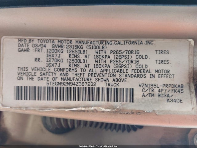 2004 TOYOTA TACOMA 5TEGN92N94Z387232 Photo 8