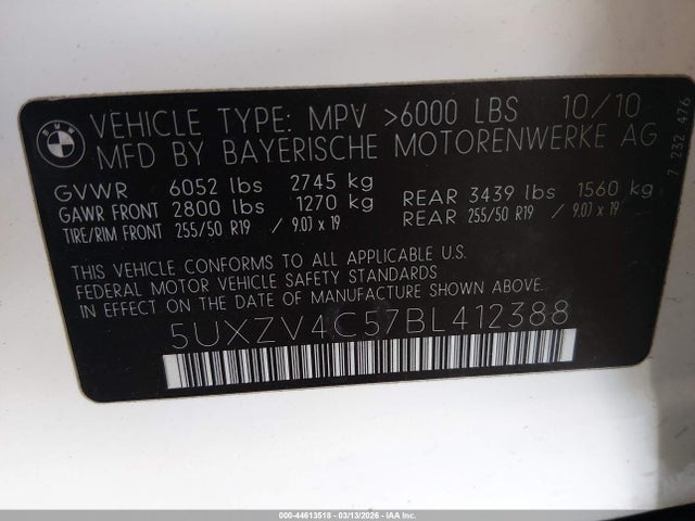 2011 Bmw X5 Xdrive35i/xdrive35i Premium/xdrive35i Sport Activity მანქანა იყიდება აუქციონზე, vin: 5UXZV4C57BL412388, აუქციონის ნომერი: 44613518
