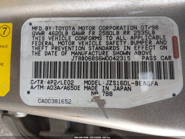 44613536 :رقم المزاد ، JT8BD68S6W0042315 vin ، 1998 Lexus Gs 300 مزاد بيع