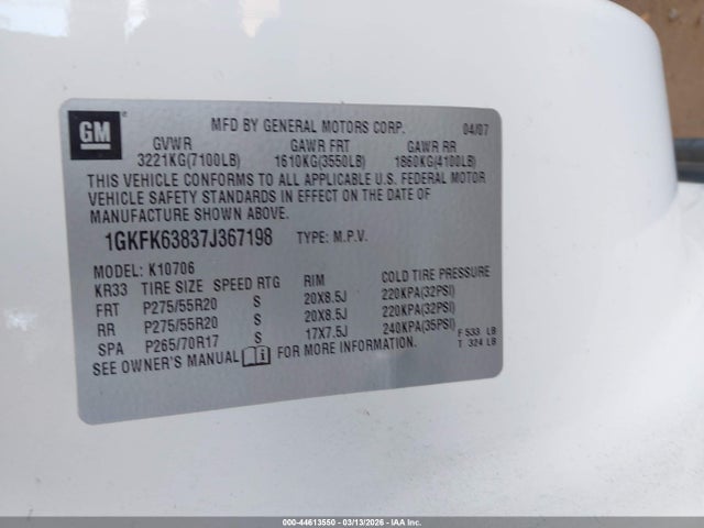 Продаж на аукціоні авто 2007 Gmc Yukon Denali, vin: 1GKFK63837J367198, номер лоту: 44613550