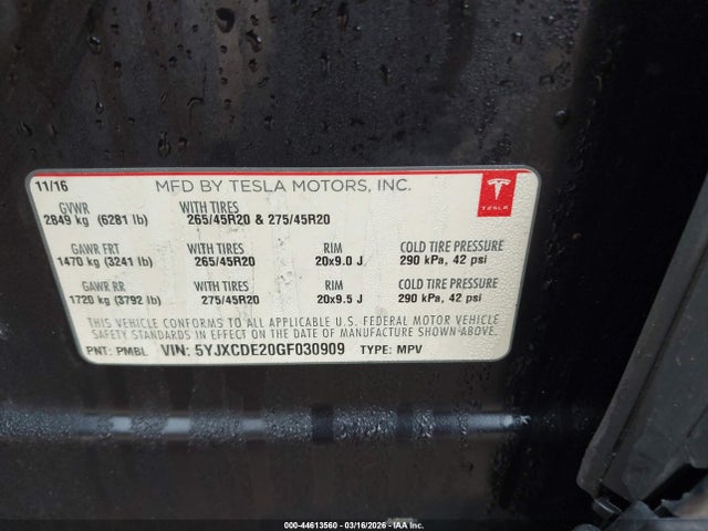 Aukcja sprzedaży 2016 Tesla Model X 60d/70d/75d/90d, vin: 5YJXCDE20GF030909, numer aukcji: 44613560