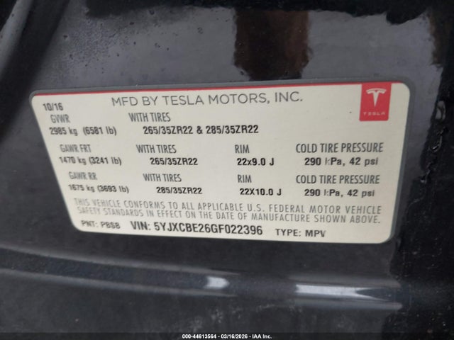 44613564 :رقم المزاد ، 5YJXCBE26GF022396 vin ، 2016 Tesla Model X 60d/70d/75d/90d/p100d مزاد بيع