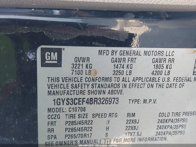 2011 Cadillac Escalade Premium მანქანა იყიდება აუქციონზე, vin: 1GYS3CEF4BR326973, აუქციონის ნომერი: 44613570