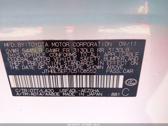 Aukcja sprzedaży 2012 Lexus Ls 460, vin: JTHBL5EF7C5108552, numer aukcji: 44613574
