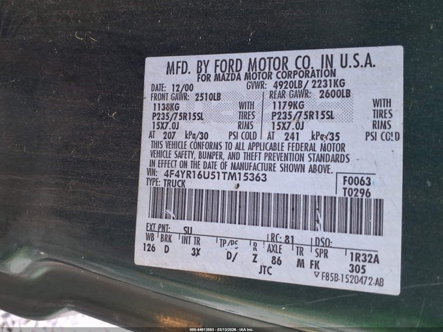 44613583 :رقم المزاد ، 4F4YR16U51TM15363 vin ، 2001 Mazda B3000 Ds/se مزاد بيع