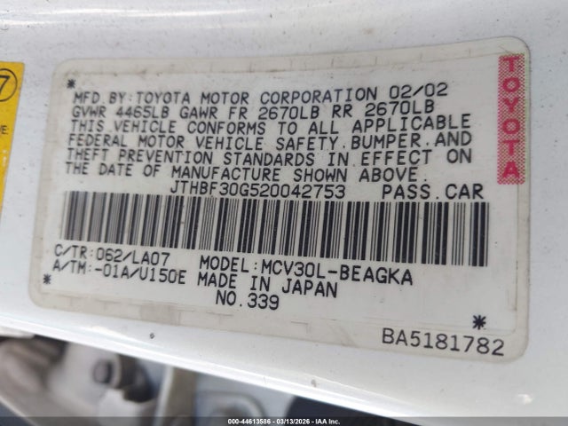 44613586 :رقم المزاد ، JTHBF30G520042753 vin ، 2002 Lexus Es 300 مزاد بيع