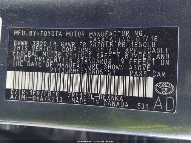 Toyota COROLLA LE 2016 2T1BURHE7GC605151 Image 9