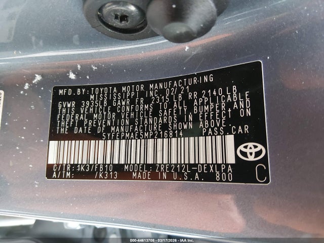 Продажа на аукционе авто 2021 Toyota Corolla Le, vin: 5YFEPMAE5MP216814, номер лота: 44613708