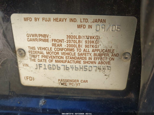 Aukcja sprzedaży 2006 Subaru Impreza 2.5i, vin: JF1GD67646H507449, numer aukcji: 44613718