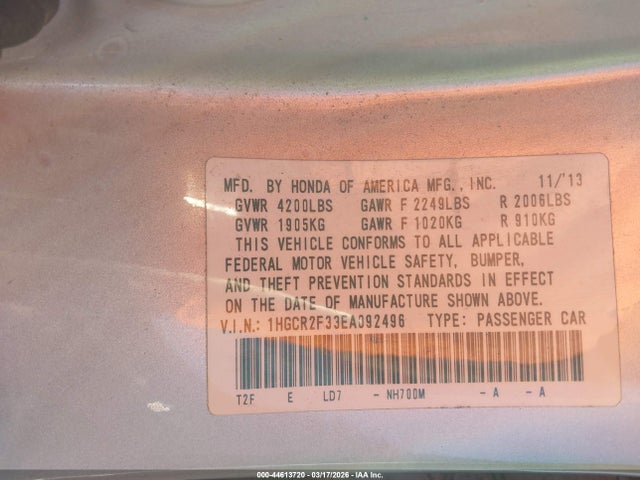 Honda ACCORD LX 2014 1HGCR2F33EA092496 Image 9