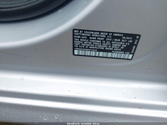 44613732 :رقم المزاد ، 1VWAH7A34DC017416 vin ، 2013 Volkswagen Passat S مزاد بيع