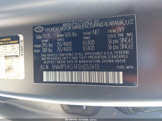 Auction sale of the 2025 Hyundai Santa Fe Hybrid Calligraphy, vin: 5NMP54G14SH052613, lot number: 44613752