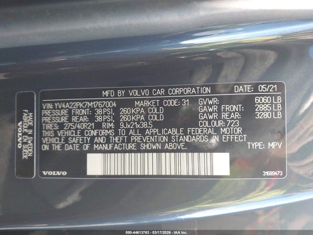 44613763 :رقم المزاد ، YV4A22PK7M1767004 vin ، 2021 Volvo Xc90 T6 Momentum 7 Passenger مزاد بيع