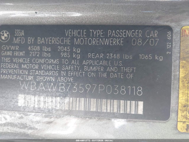 44613772 :رقم المزاد ، WBAWB73597P038118 vin ، 2007 Bmw 335i مزاد بيع