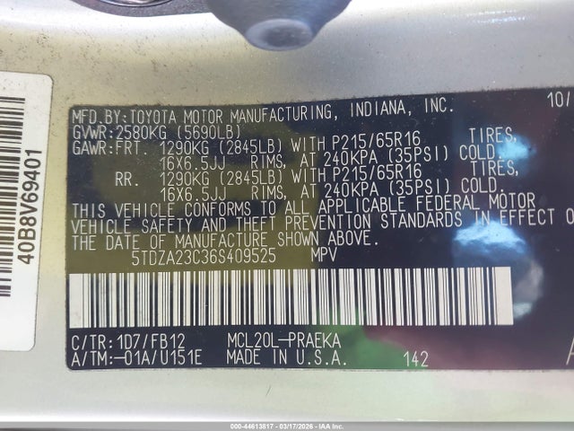 Продажа на аукционе авто 2006 Toyota Sienna Ce, vin: 5TDZA23C36S409525, номер лота: 44613817