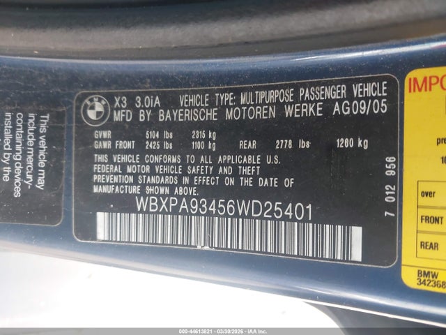 Продажа на аукционе авто 2006 Bmw X3 3.0i, vin: WBXPA93456WD25401, номер лота: 44613821