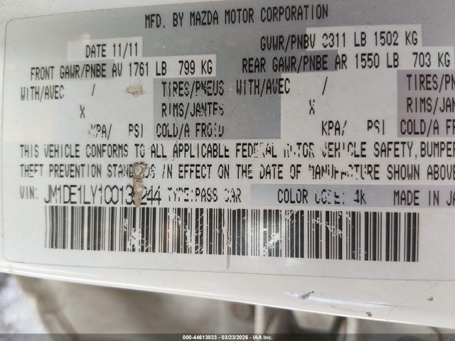 44613833 :رقم المزاد ، JM1DE1LY1C0135244 vin ، 2012 Mazda Mazda2 Touring مزاد بيع