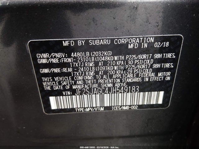2018 Subaru Forester 2.5i Premium მანქანა იყიდება აუქციონზე, vin: JF2SJAGC4JH549183, აუქციონის ნომერი: 44613855