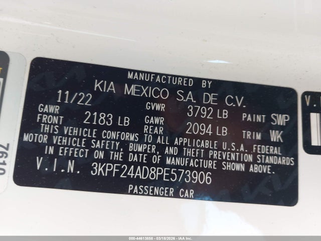 Aukcja sprzedaży 2023 Kia Forte Lxs, vin: 3KPF24AD8PE573906, numer aukcji: 44613858