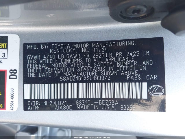 44613865 :رقم المزاد ، 58ADZ1B1XSU193972 vin ، 2025 Lexus Es 350 مزاد بيع