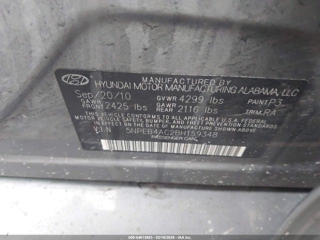 Aukcja sprzedaży 2011 Hyundai Sonata Gls, vin: 5NPEB4AC2BH159348, numer aukcji: 44613883