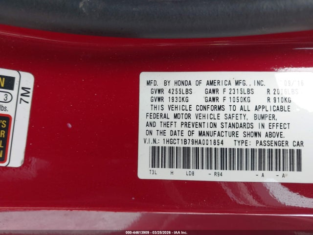 Aukcja sprzedaży 2017 Honda Accord Ex, vin: 1HGCT1B79HA001854, numer aukcji: 44613909