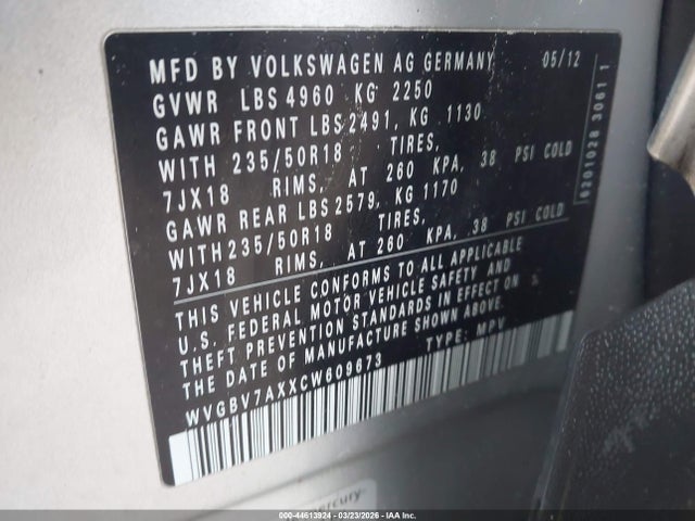 2012 Volkswagen Tiguan Se მანქანა იყიდება აუქციონზე, vin: WVGBV7AXXCW609673, აუქციონის ნომერი: 44613924