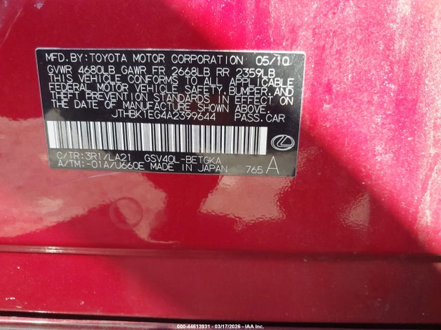 Aukcja sprzedaży 2010 Lexus Es 350, vin: JTHBK1EG4A2399644, numer aukcji: 44613931