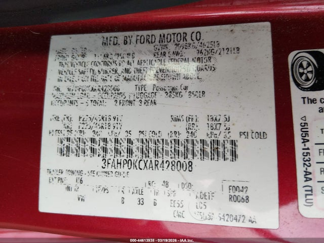 44613938 :رقم المزاد ، 3FAHP0KCXAR428008 vin ، 2010 Ford Fusion Sport مزاد بيع