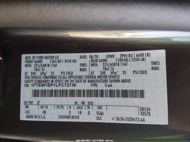 Aukcja sprzedaży 2020 Ford F-150 Lariat/xl/xlt, vin: 1FTEW1EP1LFC72736, numer aukcji: 44613947