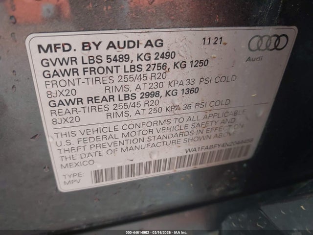 2022 Audi Q5 Prestige 45 Tfsi S Line Quattro S Tronic მანქანა იყიდება აუქციონზე, vin: WA1FABFY4N2044458, აუქციონის ნომერი: 44614002