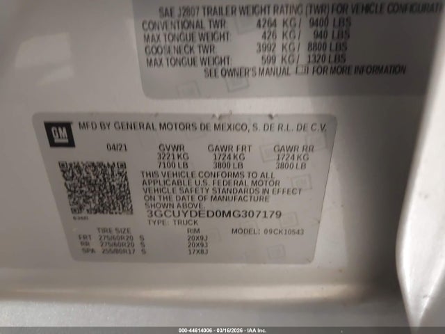 Продаж на аукціоні авто 2021 Chevrolet Silverado 1500, vin: 3GCUYDED0MG307179, номер лоту: 44614006