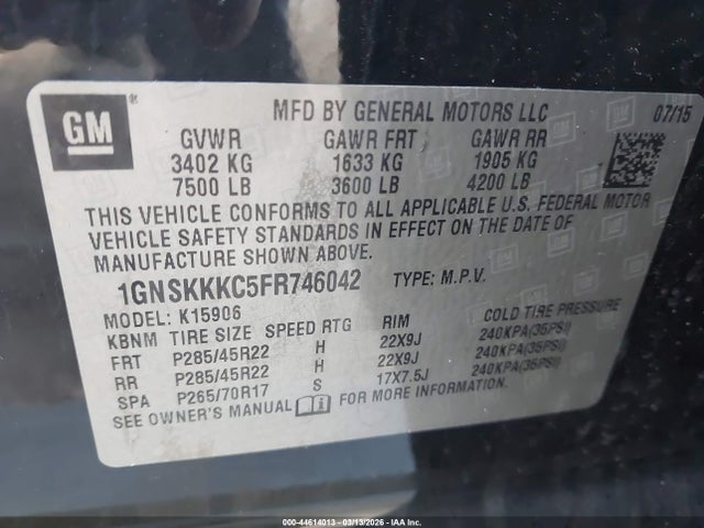 Aukcja sprzedaży 2015 Chevrolet Suburban 1500 Ltz, vin: 1GNSKKKC5FR746042, numer aukcji: 44614013