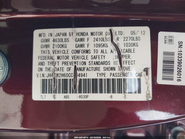 Продаж на аукціоні авто 2012 Acura Tsx 2.4, vin: JH4CW2H60CC004941, номер лоту: 44614014
