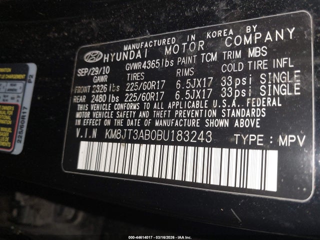 2011 Hyundai Tucson Gl მანქანა იყიდება აუქციონზე, vin: KM8JT3AB0BU183243, აუქციონის ნომერი: 44614017