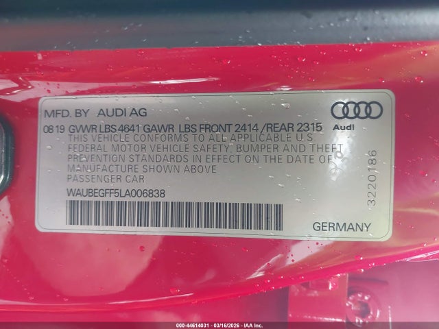 Aukcja sprzedaży 2020 Audi A3 Premium 45 Tfsi S Line Quattro S Tronic, vin: WAUBEGFF5LA006838, numer aukcji: 44614031