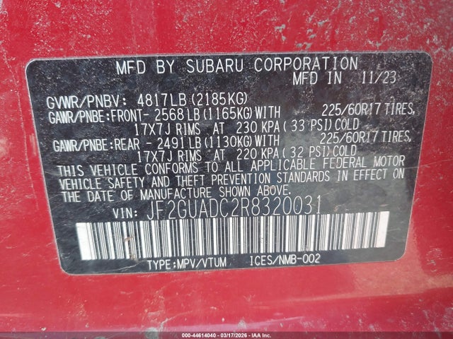 2024 Subaru Crosstrek Premium მანქანა იყიდება აუქციონზე, vin: JF2GUADC2R8320031, აუქციონის ნომერი: 44614040