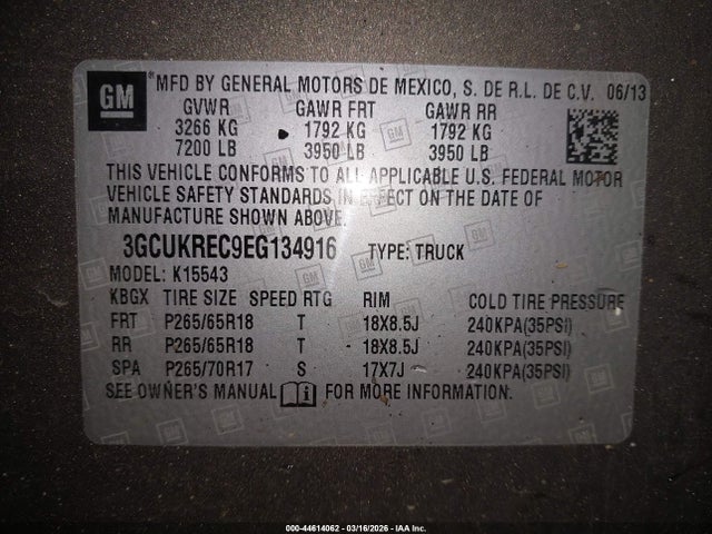 2014 Chevrolet Silverado 1500 2lt მანქანა იყიდება აუქციონზე, vin: 3GCUKREC9EG134916, აუქციონის ნომერი: 44614062
