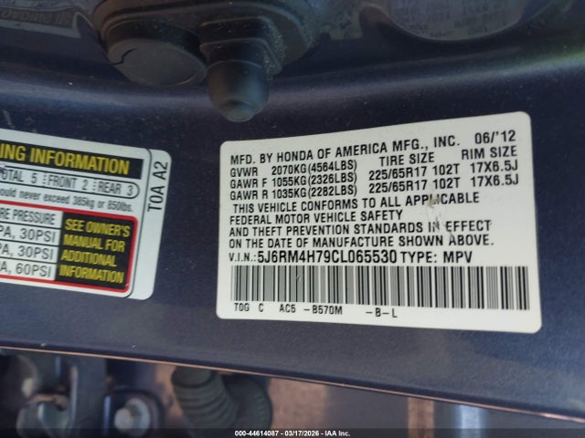 Aukcja sprzedaży 2012 Honda Cr-v Ex-l, vin: 5J6RM4H79CL065530, numer aukcji: 44614087
