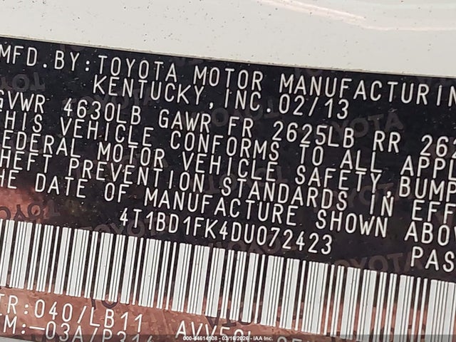 Aukcja sprzedaży 2013 Toyota Camry Hybrid Xle, vin: 4T1BD1FK4DU072423, numer aukcji: 44614108