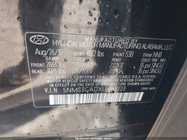 2020 Hyundai Santa Fe Sel მანქანა იყიდება აუქციონზე, vin: 5NMS3CADXLH165223, აუქციონის ნომერი: 44614141