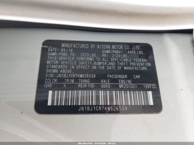 Aukcja sprzedaży 2019 Nissan Rogue Sport Sl, vin: JN1BJ1CR7KW626539, numer aukcji: 44614150