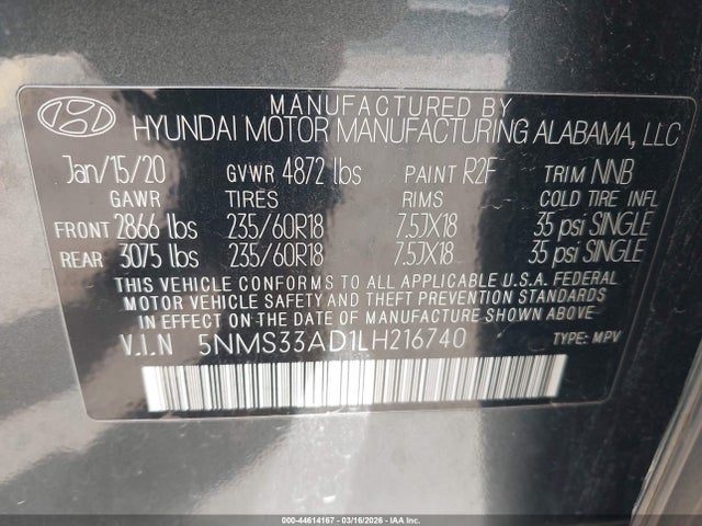 44614167 :رقم المزاد ، 5NMS33AD1LH216740 vin ، 2020 Hyundai Santa Fe Sel مزاد بيع