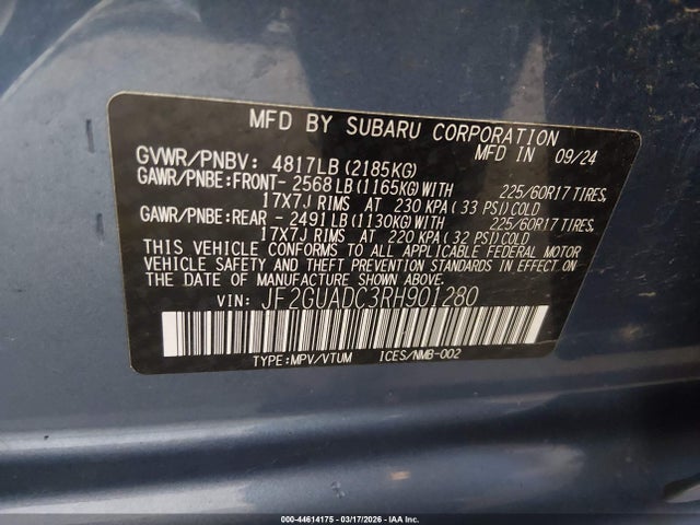 Aukcja sprzedaży 2024 Subaru Crosstrek Premium, vin: JF2GUADC3RH901280, numer aukcji: 44614175