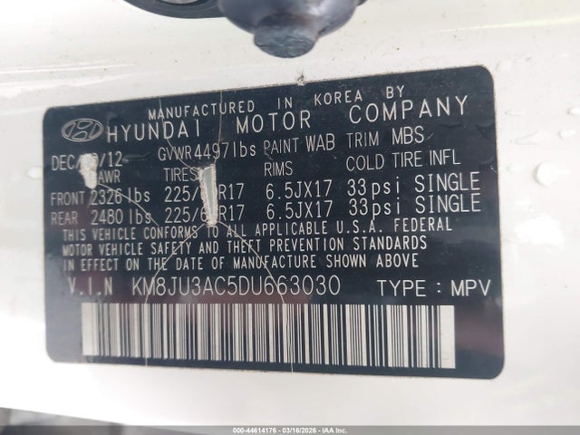 44614176 :رقم المزاد ، KM8JU3AC5DU663030 vin ، 2013 Hyundai Tucson Gls مزاد بيع
