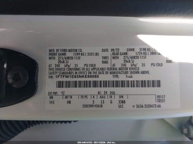 Aukcja sprzedaży 2022 Ford F-150 Lariat, vin: 1FTFW1E85NKE88080, numer aukcji: 44614183