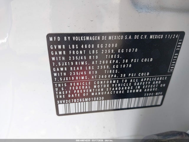 Продаж на аукціоні авто 2025 Volkswagen Taos 1.5t Se Black, vin: 3VV2C7B26SM010430, номер лоту: 44614220