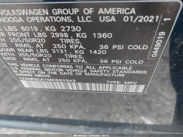 44614221 :رقم المزاد ، 1V2NR2CA1MC562343 vin ، 2021 Volkswagen Atlas 3.6l V6 Se W/technology R-line مزاد بيع