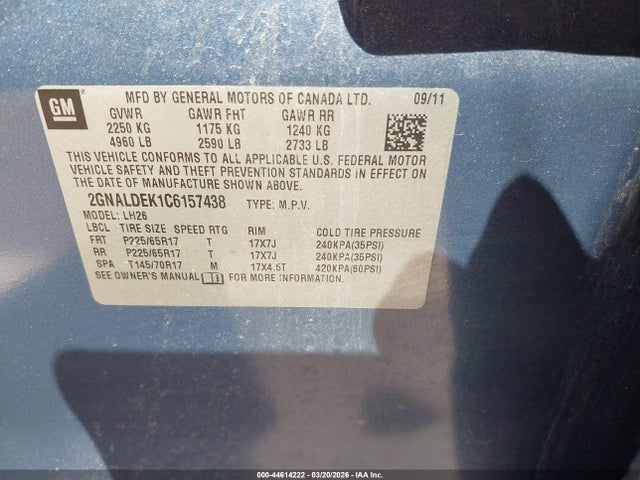 Aukcja sprzedaży 2012 Chevrolet Equinox 1lt, vin: 2GNALDEK1C6157438, numer aukcji: 44614222