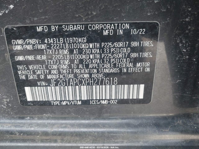 Aukcja sprzedaży 2023 Subaru Crosstrek Premium, vin: JF2GTAPCXPH277618, numer aukcji: 44614238